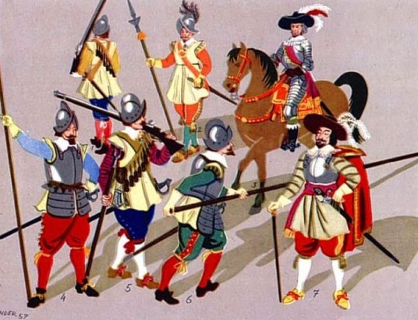 Oficerowie, muszkieterowie i pikinierzy armii polskiej w I połowie XVII wieku (rys. Karol Linder)